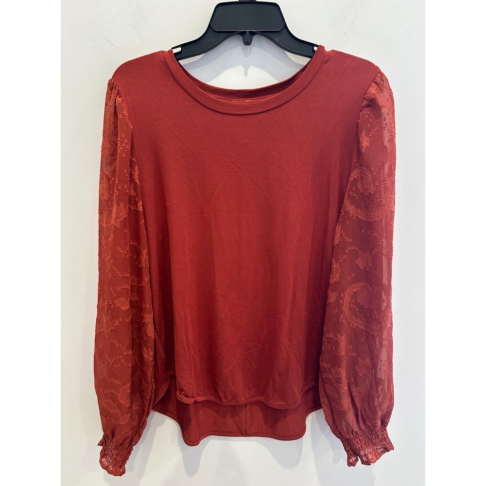 Cupio Blush Rust Red Top Sheer Paisley Lace Balloon Sleeve XL